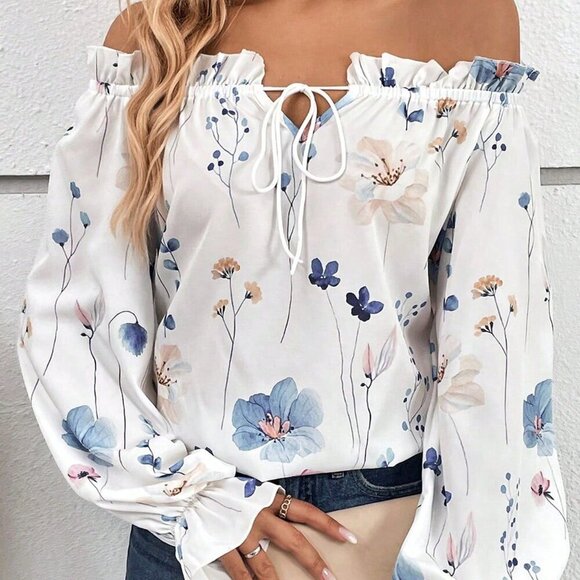 White Boho Women's Plus Size Vacation Loose Off-Shoulder Blouse - Picture 2 of 5